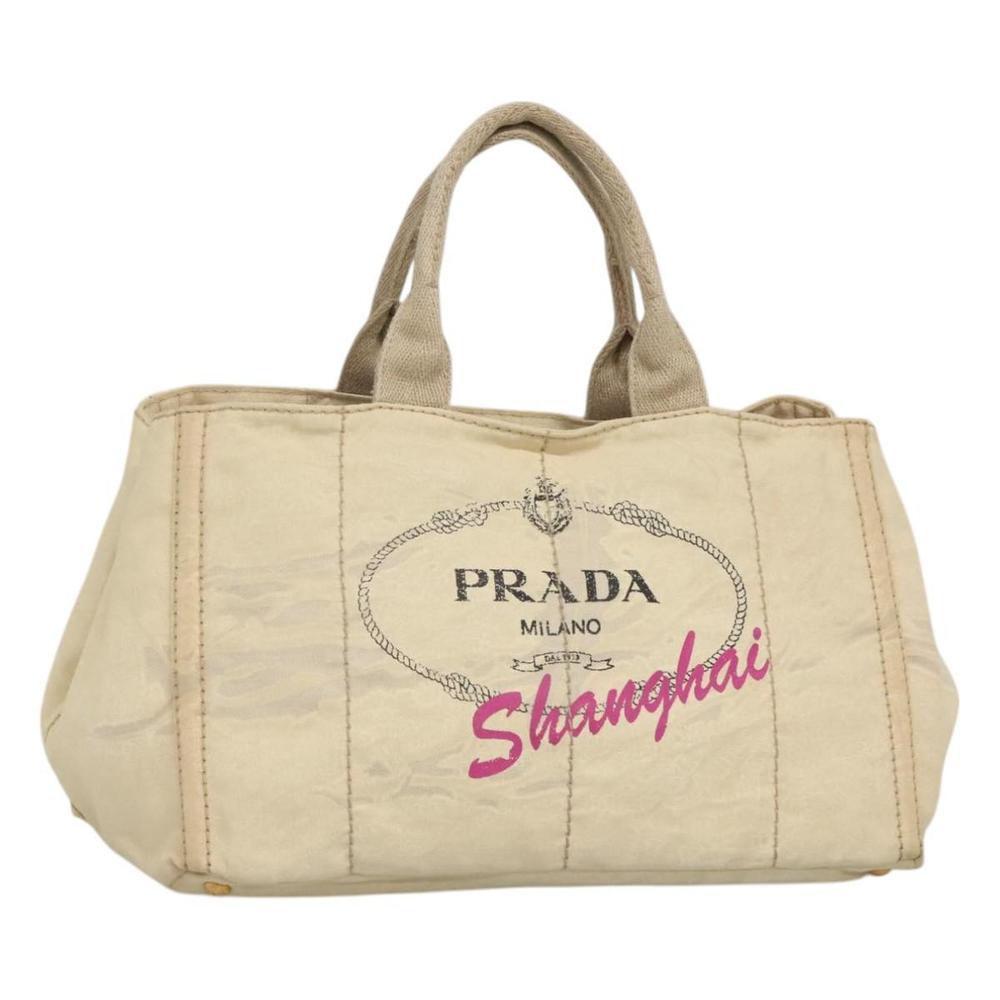 PRADA Canapa GM Hand Bag Canvas White Gold Auth bs24371
